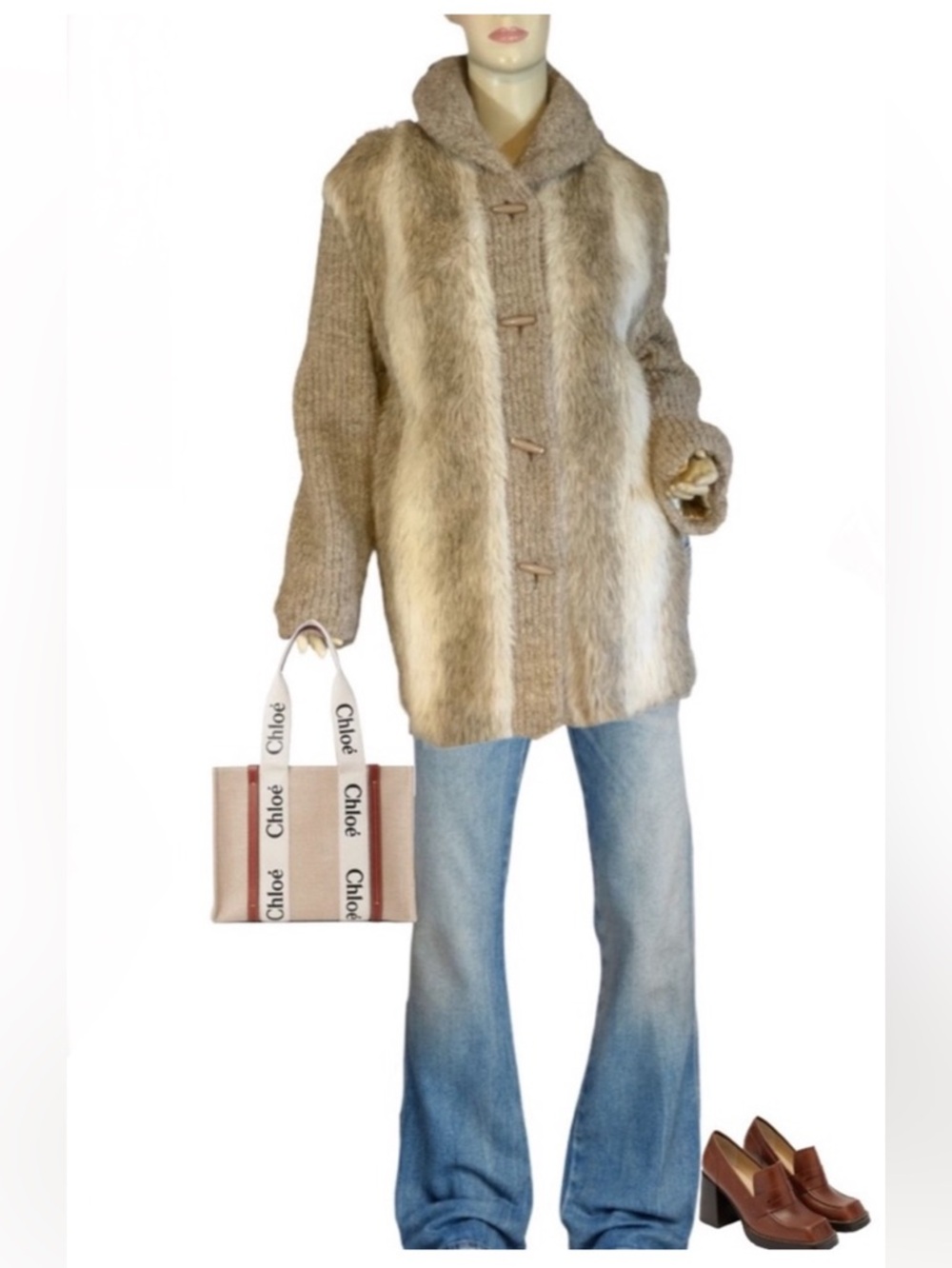 VINTAGE 1980’S D'ESPRIT DUBROWSKY & PERLBINDER TAUPE FAUX FUR & KNIT COAT (XL)